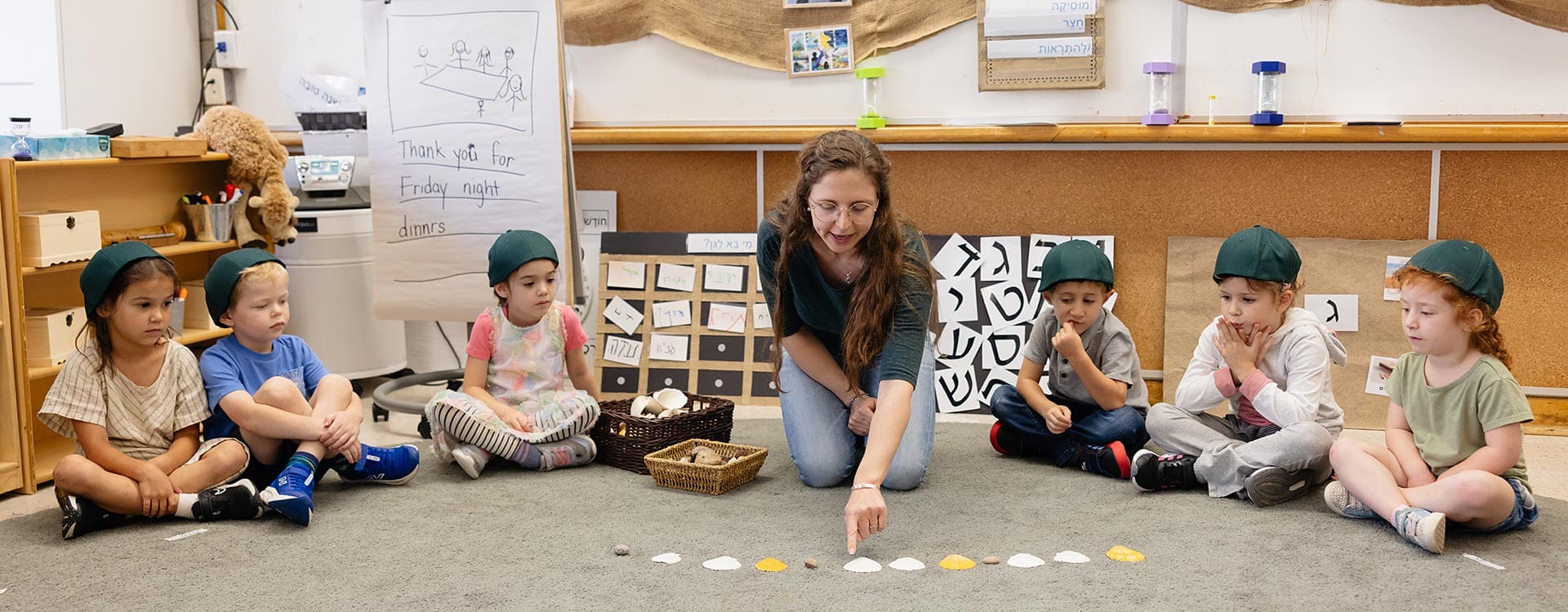 Teacher pointing at various objects on the floor, while young students watch attentively